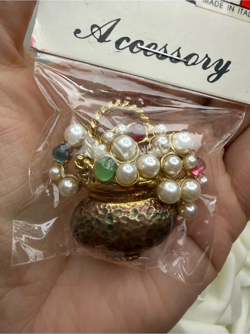 Made in Italy Pearl Cluster Basket Brooch - Gold Tone with Multicolor Gems